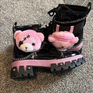 Dolls Kill Black and Pink Combat Boots with Plush Bear Accents